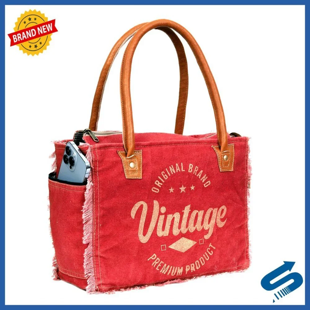 Canvas Tote Bag Vintage Boho Leather Handles Spacious Side Pocket Everyday Use